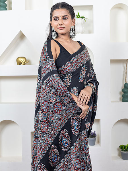 Ajrakh print hand block modhal shatin saree