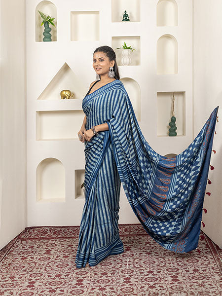 Ajrakh print hand block modhal shatin saree