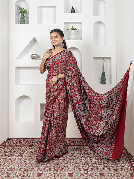 Ajrakh print hand block modhal shatin saree