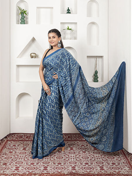 Ajrakh print hand block modhal shatin saree