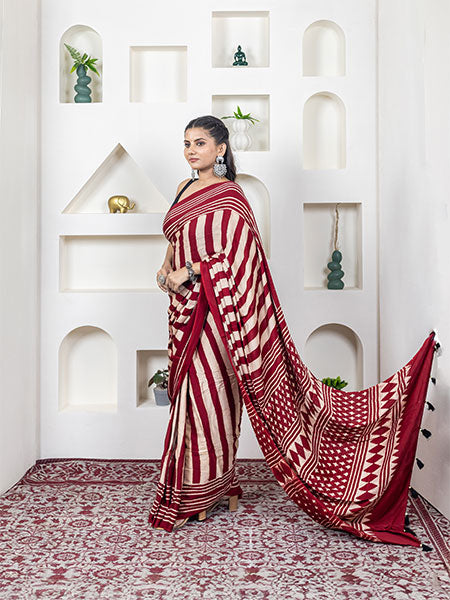 Ajrakh print hand block modhal shatin saree