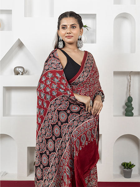 Ajrakh print hand block modhal shatin saree