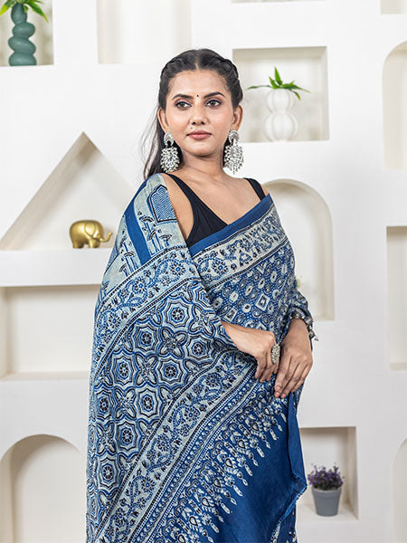 Ajrakh print hand block modhal shatin saree