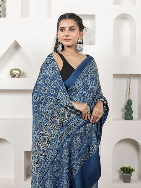 Ajrakh print hand block modhal shatin saree