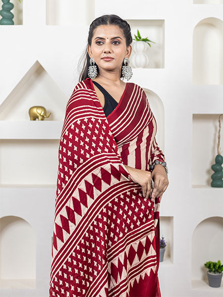 Ajrakh print hand block modhal shatin saree