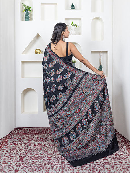 Ajrakh print hand block modhal shatin saree