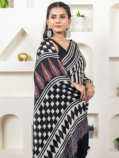 Ajrakh print hand block modhal shatin saree