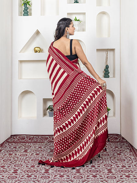 Ajrakh print hand block modhal shatin saree