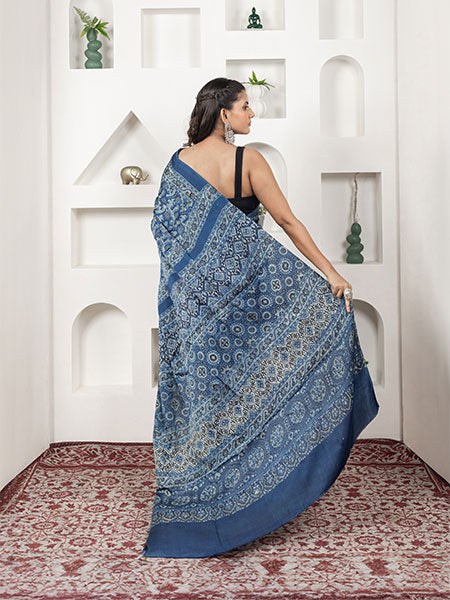 Ajrakh print hand block modhal shatin saree