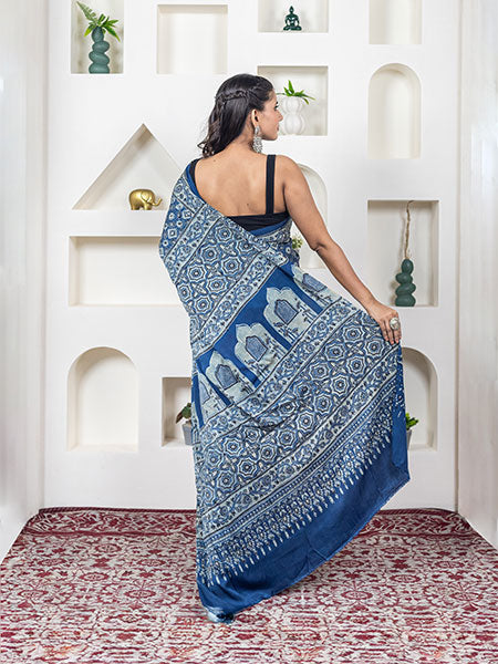 Ajrakh print hand block modhal shatin saree