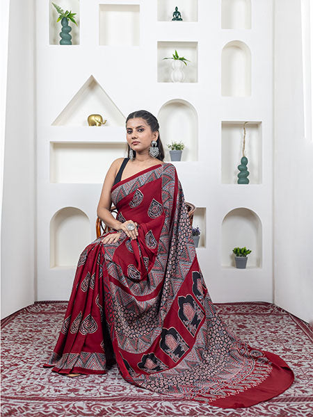 Ajrakh print hand block modhal shatin saree