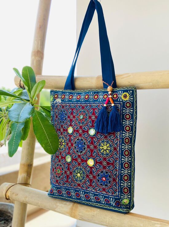 Ajrakh Handbag With Embroidery Mirror Work In Blue Colour