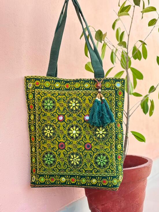 Ajrakh Handbag With Embroidery Mirror Work In Dark Green Colour