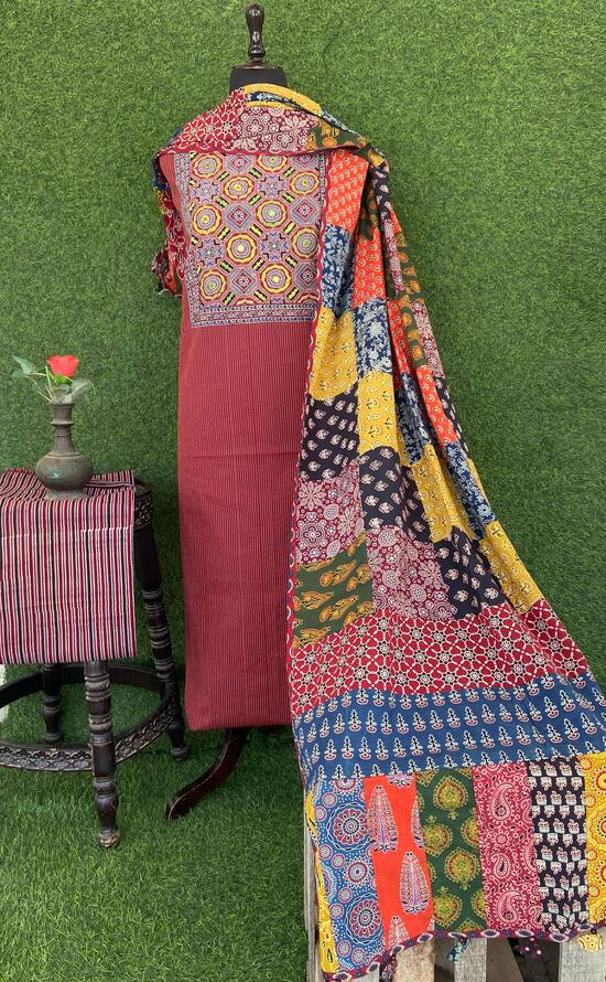 Ajrakh Aari & Mirror Work Unstiched Suit Pc