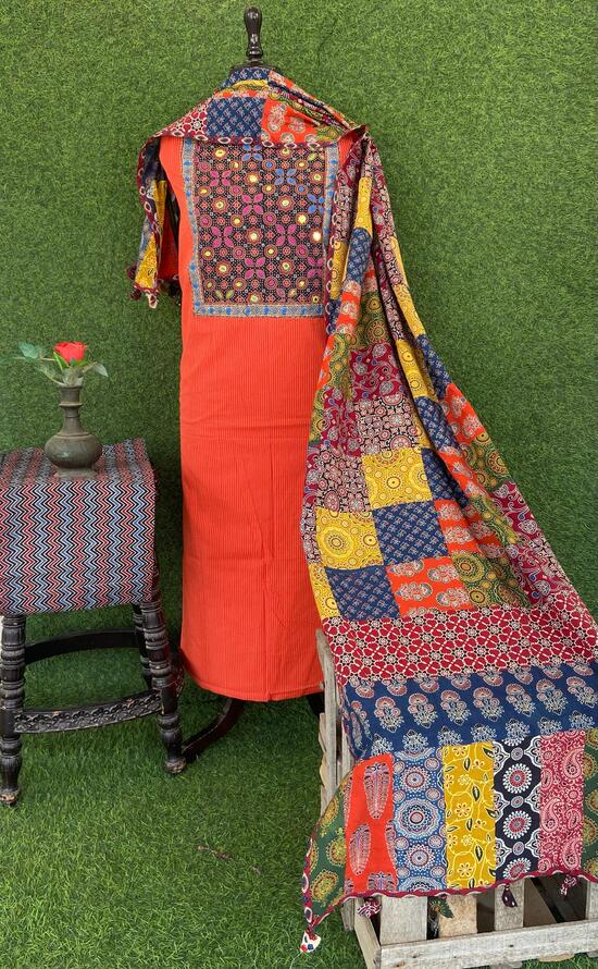 Ajrakh Aari & Mirror Work Unstiched Suit Pc in Orange Colour