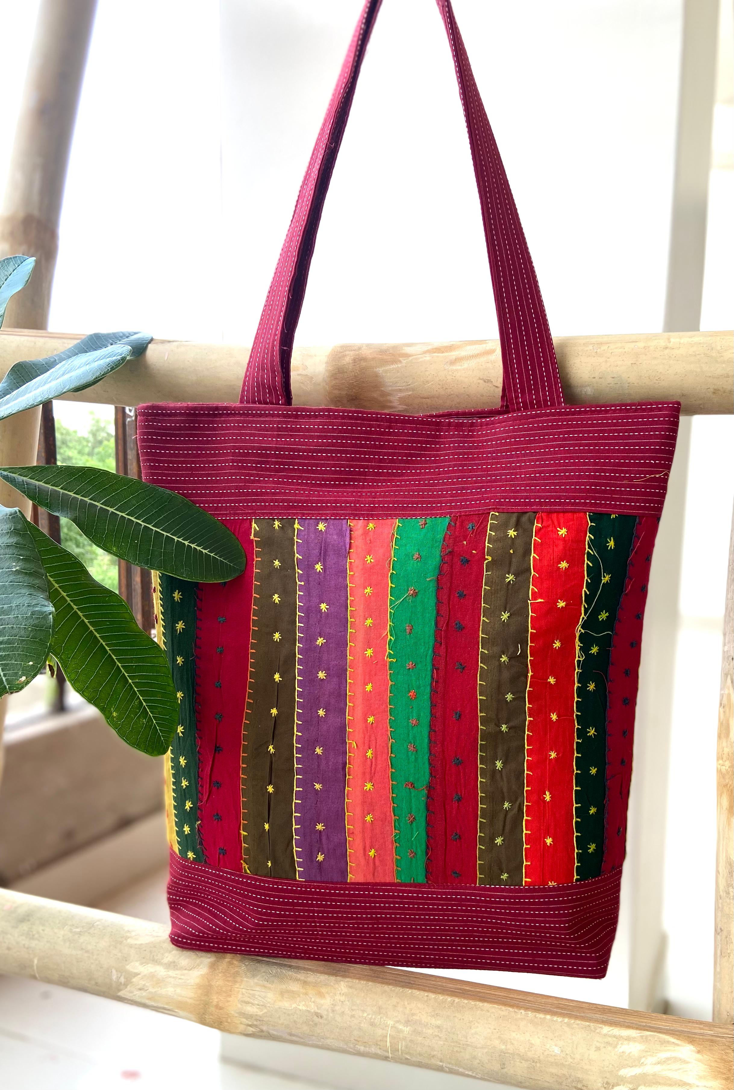 Kantha Fabric Jogi Work Handbag in Mehroon Colour