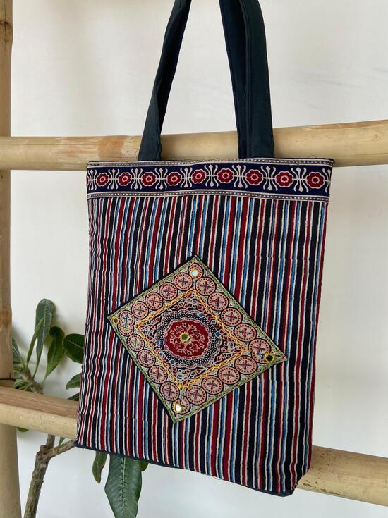 Ajrakh handbag with mirror & patchwork