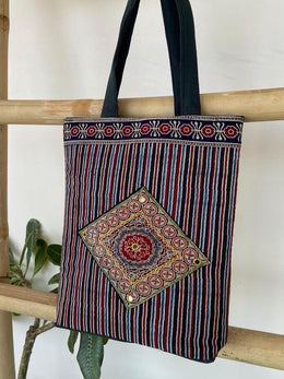 Ajrakh handbag with mirror & patchwork