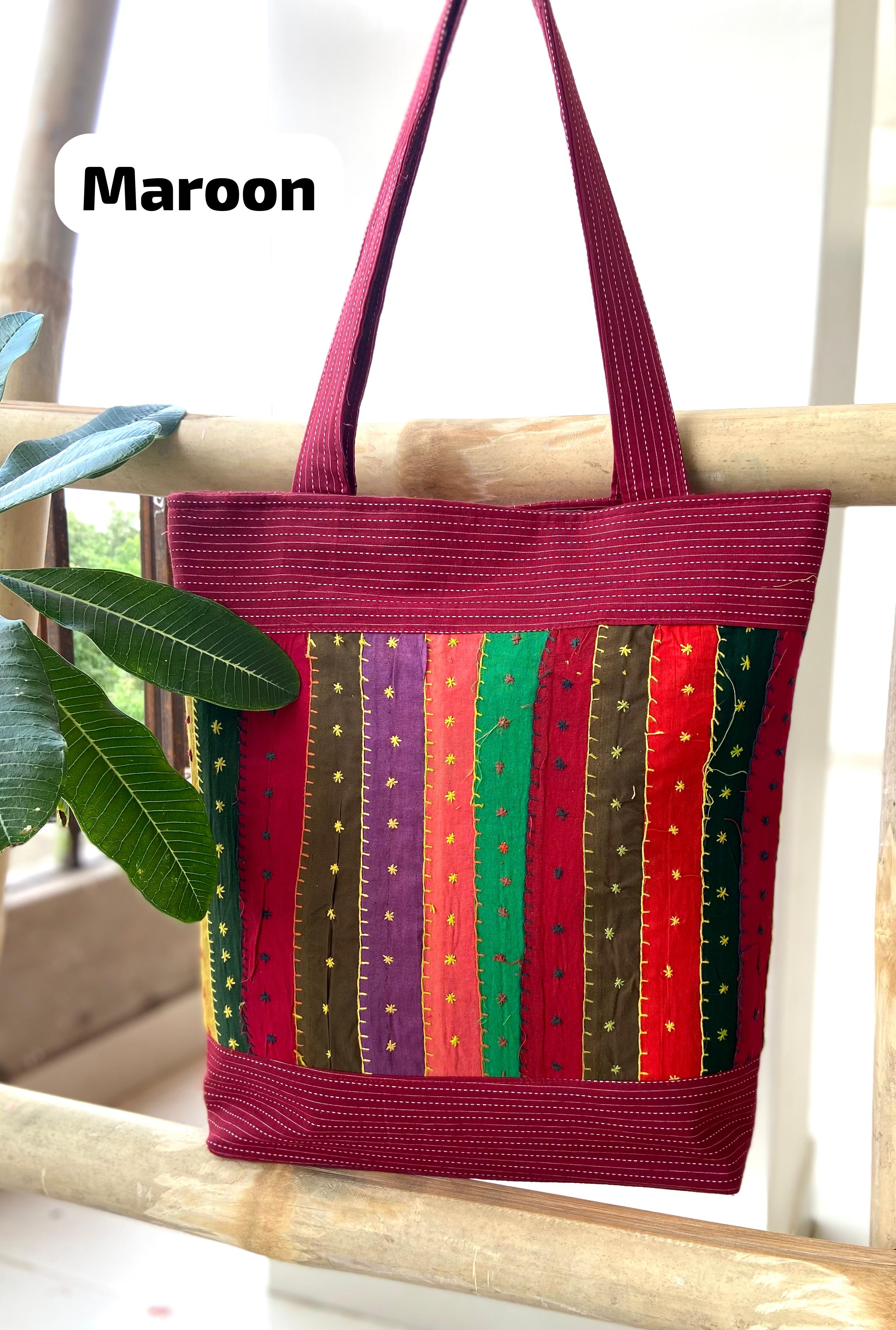 Kantha Fabric Jogi Work Handbag in Mehroon Colour