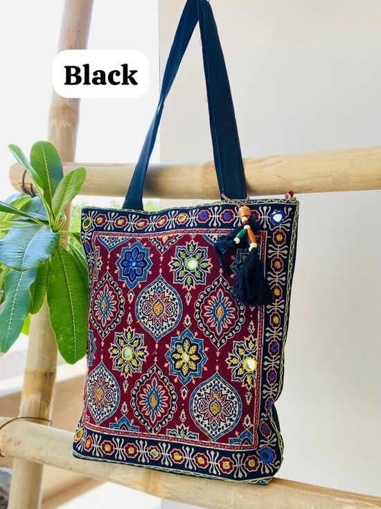 Ajrakh Handbag With Embroidery Mirror Work In Black Colour