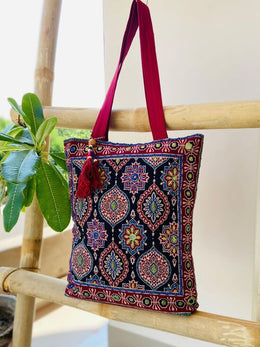 Ajrakh Handbag With Embroidery Mirror Work In Mehroon Colour