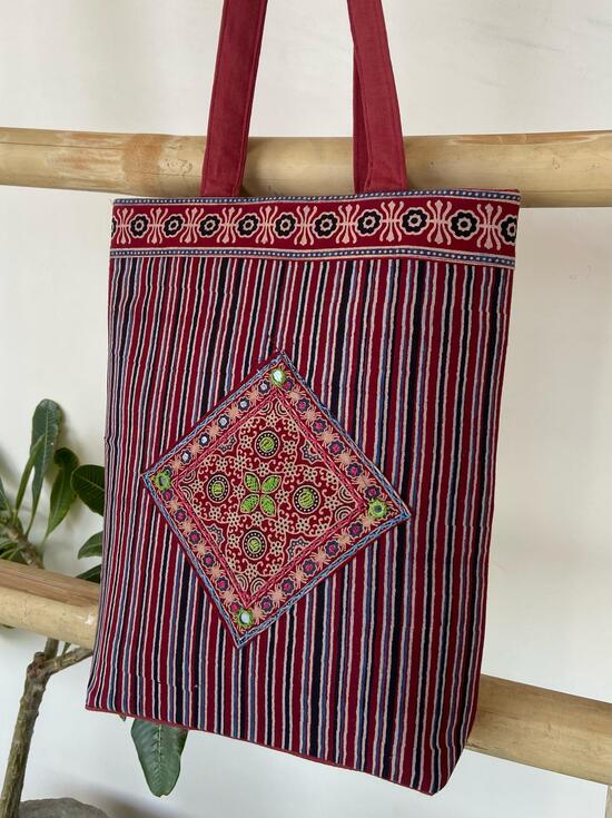 Ajrakh handbag with mirror & patchwork