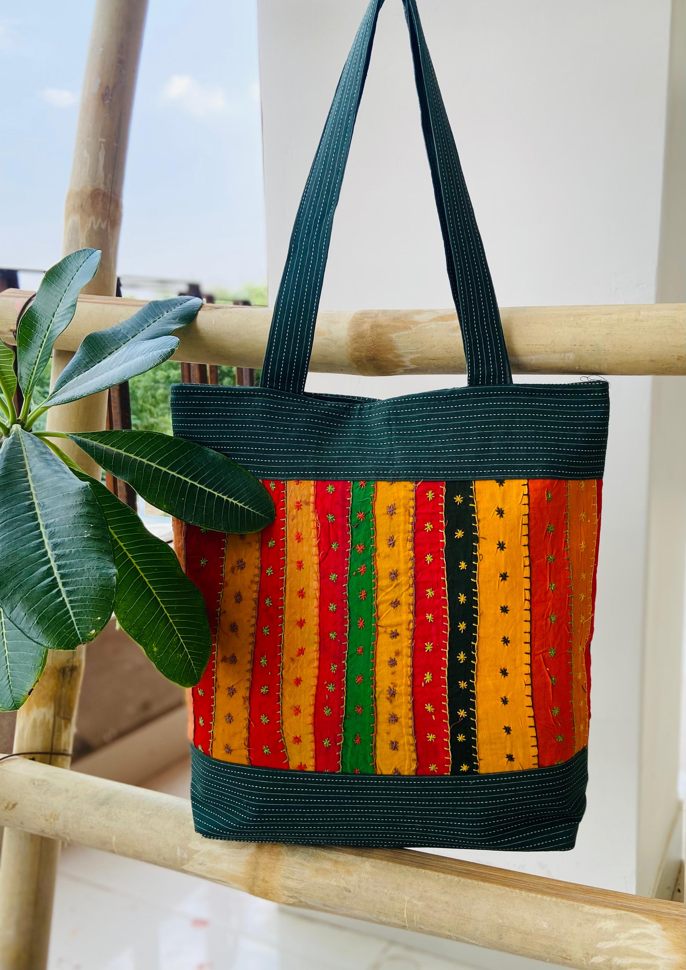 Kantha Fabric Jogi Work Handbag in Green Multi Colour