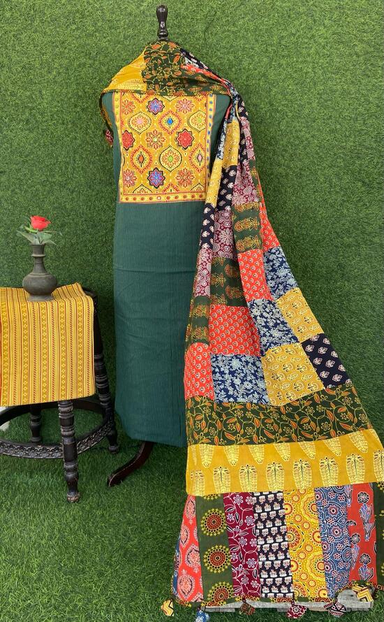 Ajrakh Aari & Mirror Work Unstiched Suit Pc in Green