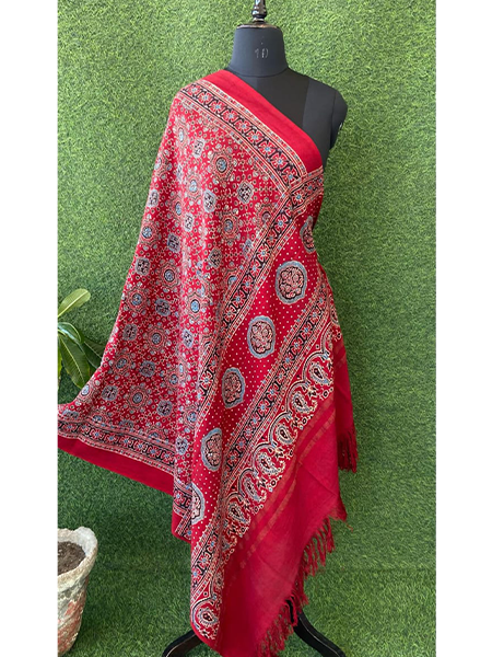 Handloom Ajrakh Print Woolen Shawl