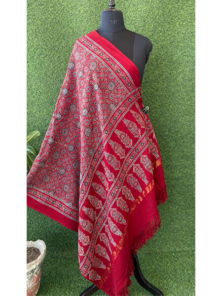 Handloom Ajrakh Print Woolen Shawl