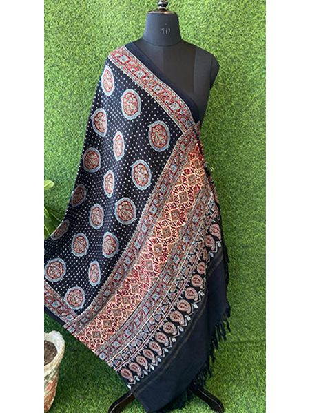 Handloom Ajrakh Print Woolen Shawl