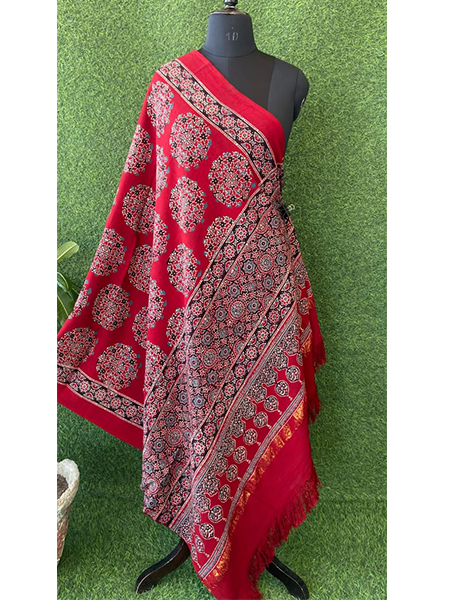 Handloom Ajrakh Print Woolen Shawl