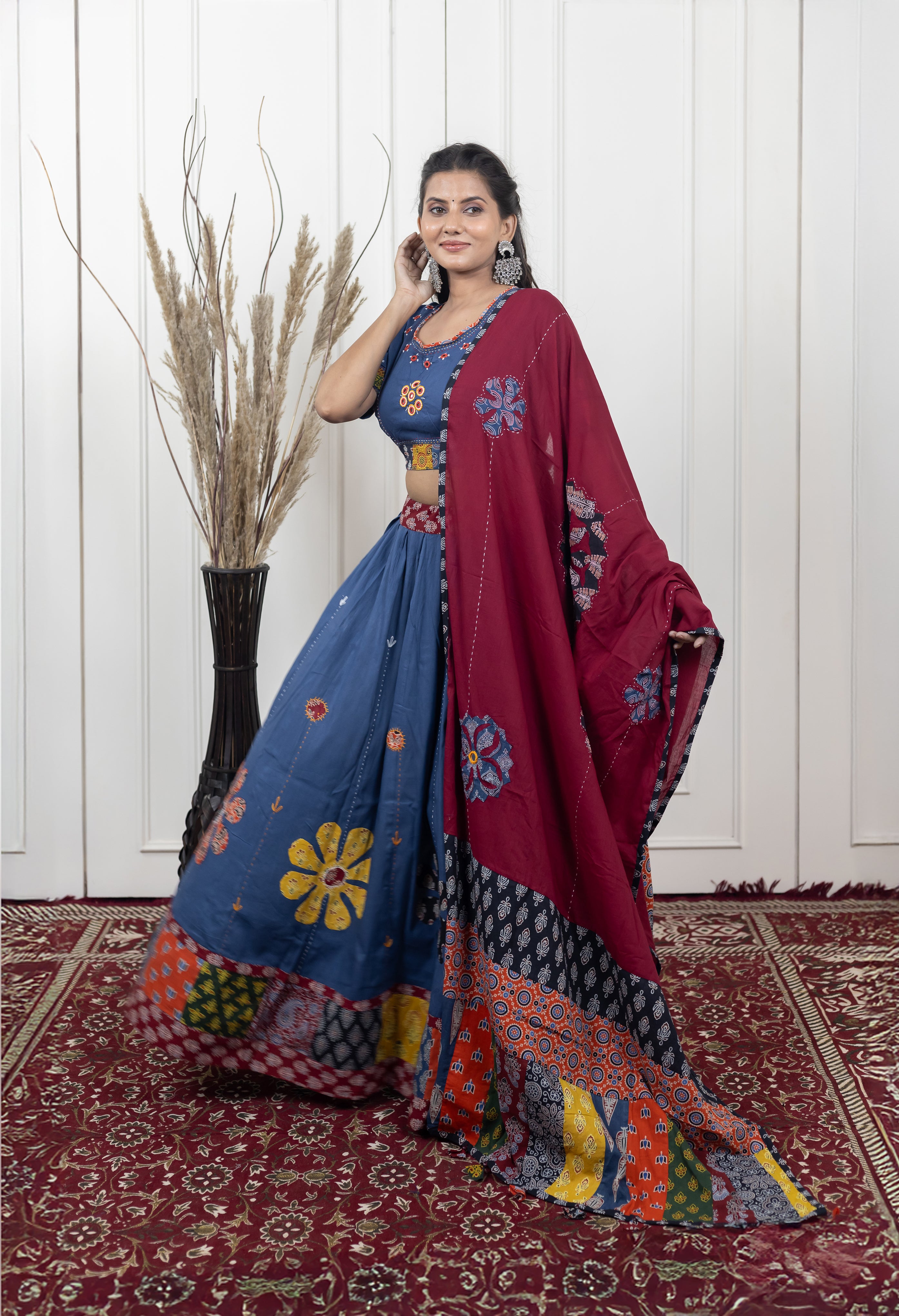 Ajrakh print patch work chaniya choli with dupatta