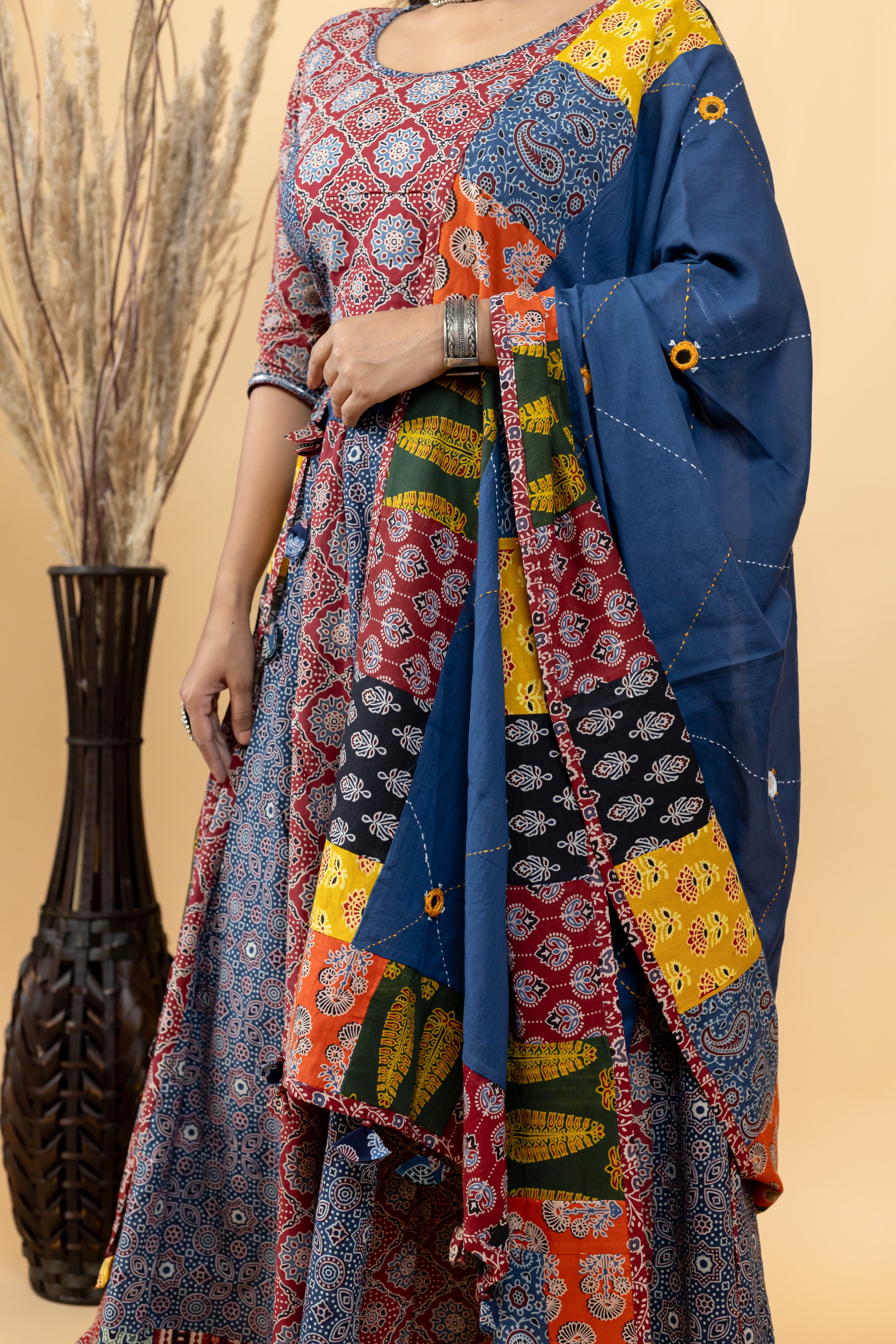 Ajrakh print patch work chaniya choli with dupatta