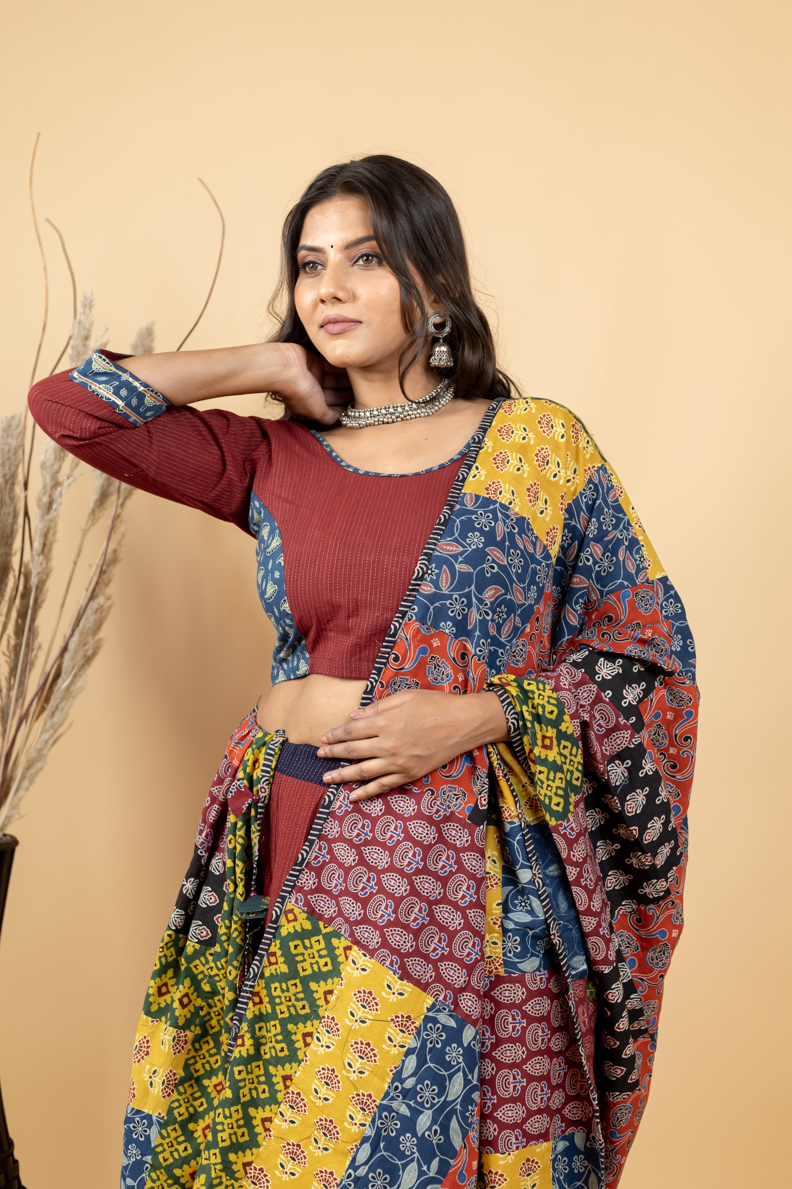 Ajrakh print patch work chaniya choli with dupatta