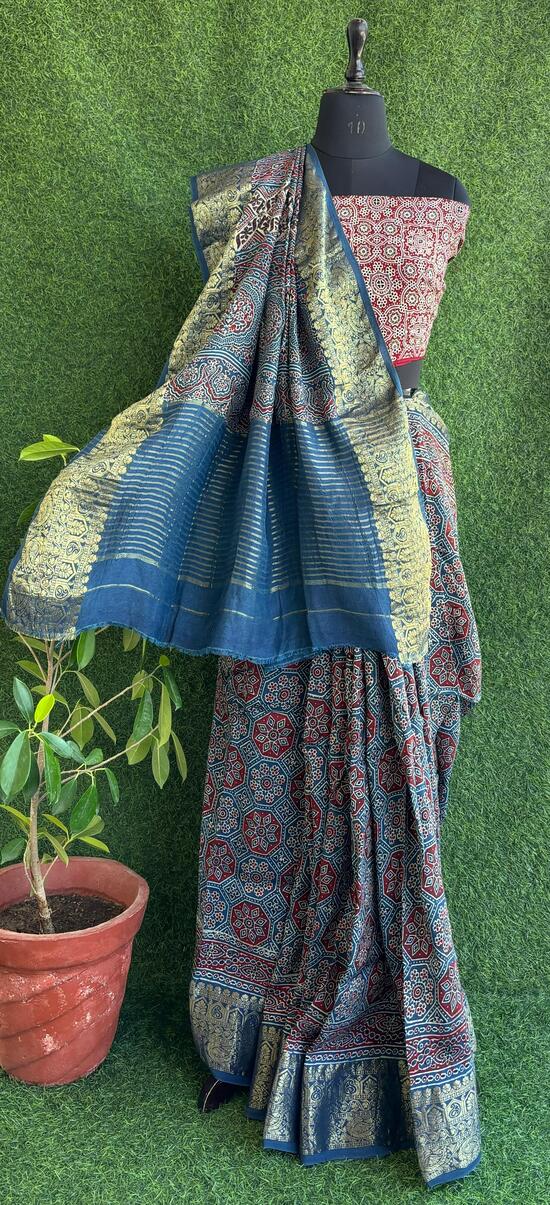 Blue Ajrakh print hand block Dola silk saree with blouse pc