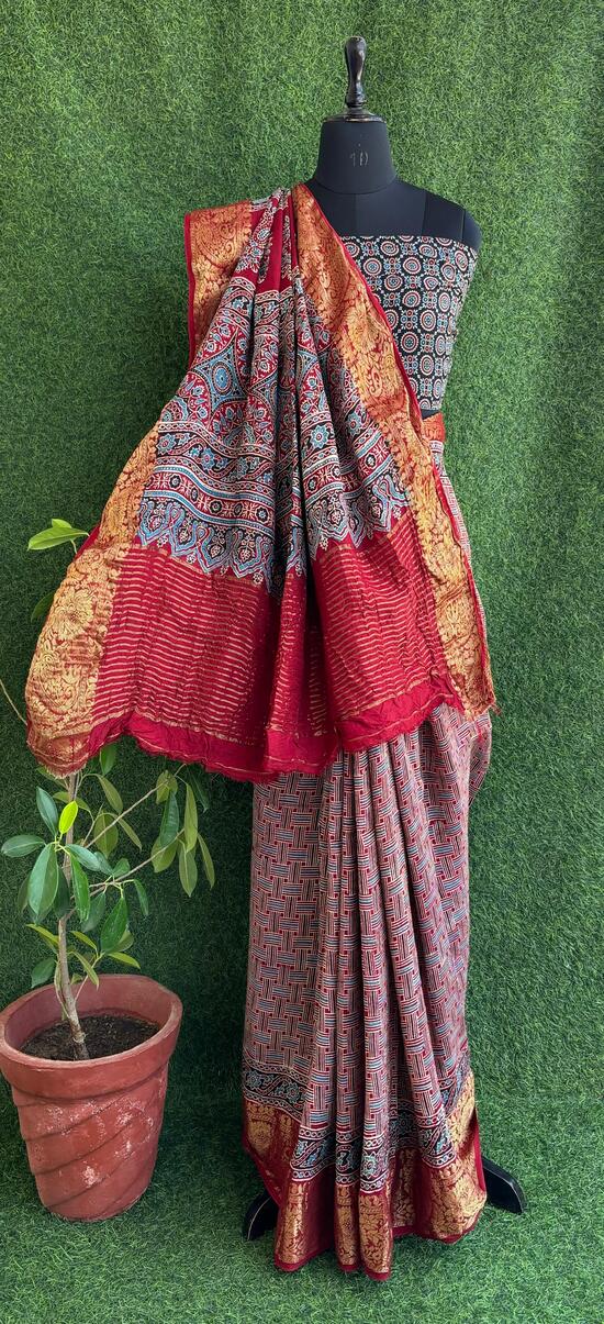 Lavish Red Ajrakh Print Hand block Dola silk saree with blouse pc