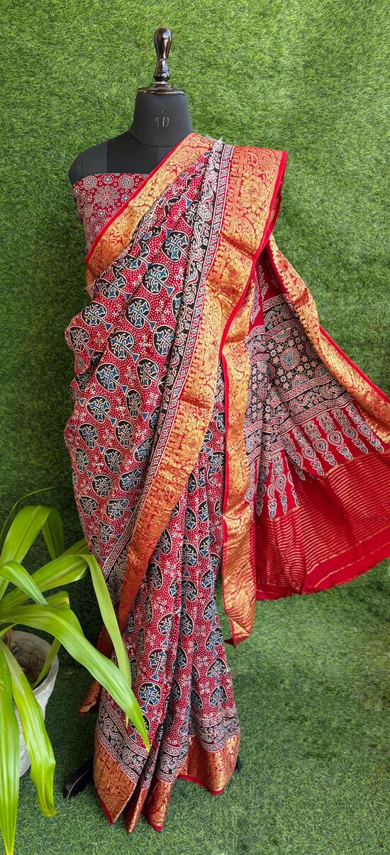 Bright Red Ajrakh print hand block Dola silk saree with blouse pc