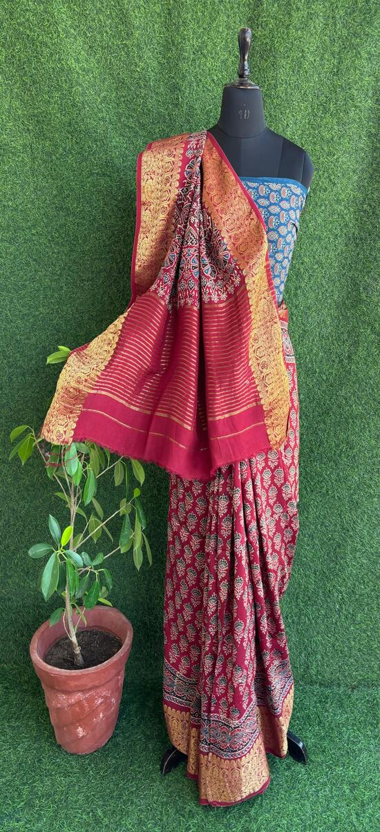 Pinkish-Red Ajrakh print hand block Dola silk saree with blouse pc