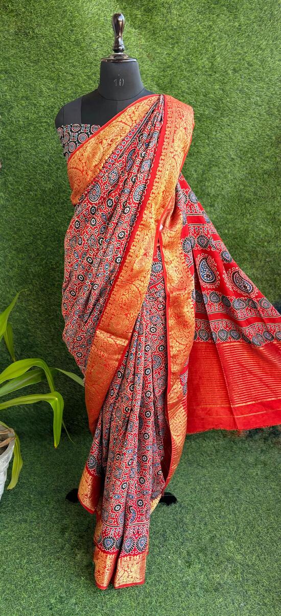 Bright Red Ajrakh print hand block Dola silk saree with blouse pc