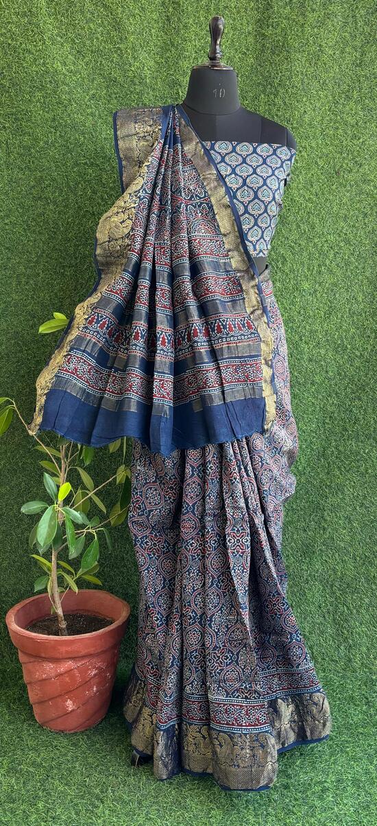Blue Ajrakh print hand block Dola silk saree with blouse pc