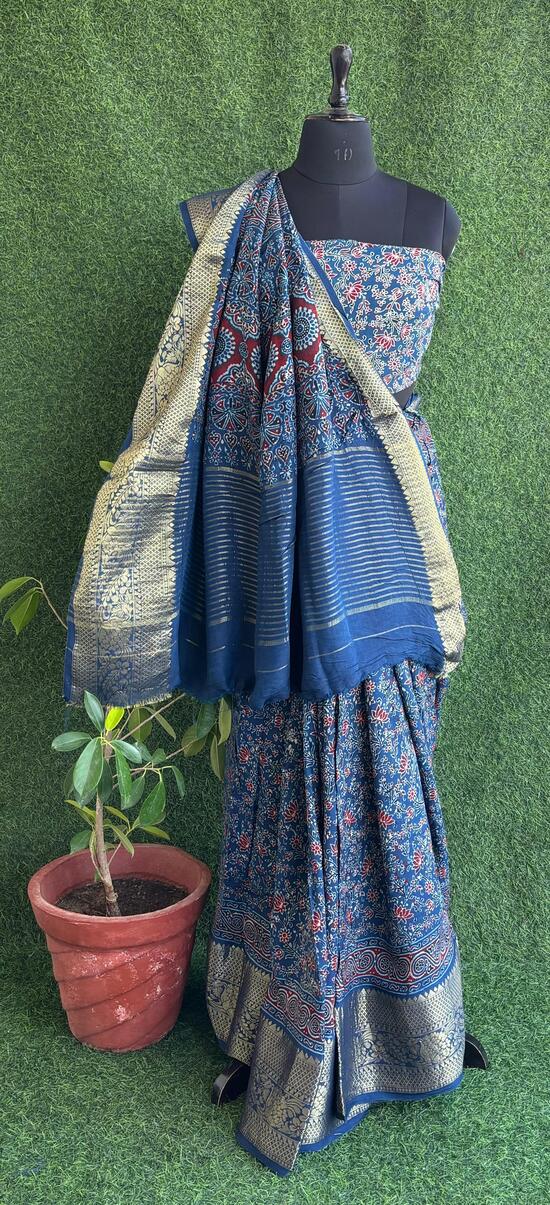 Light Blue Ajrakh print hand block Dola silk saree with blouse pc