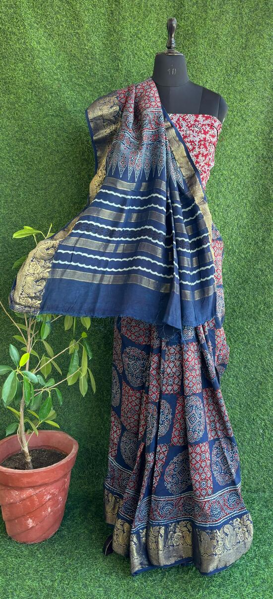 Blue-red Ajrakh print hand block Dola silk saree with blouse pc