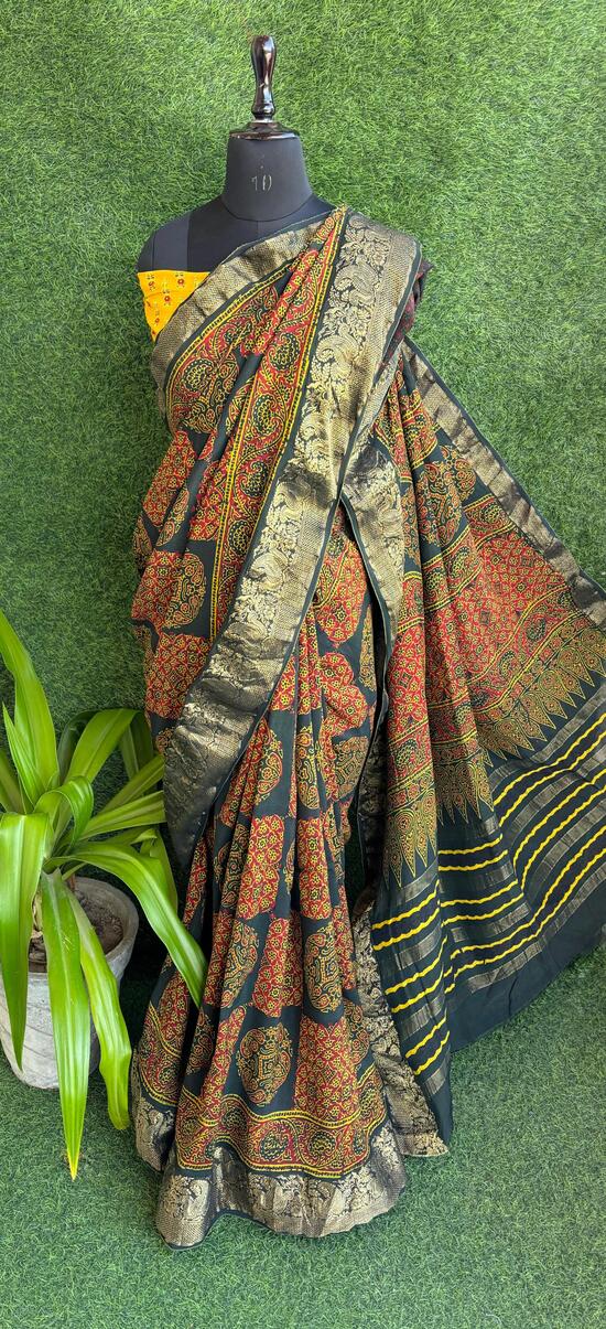 Black-orange Ajrakh print hand block Dola silk saree with blouse pc