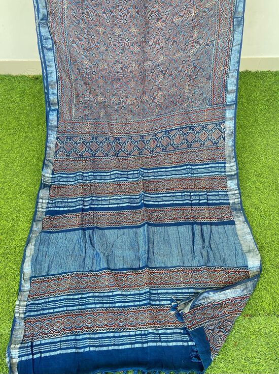 Stunning Blue Ajrakh Print Hand Block Linen Saree