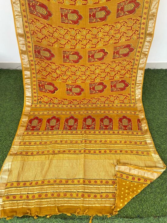 Yellow-Red Ajrakh Print Hand Block Linen Saree