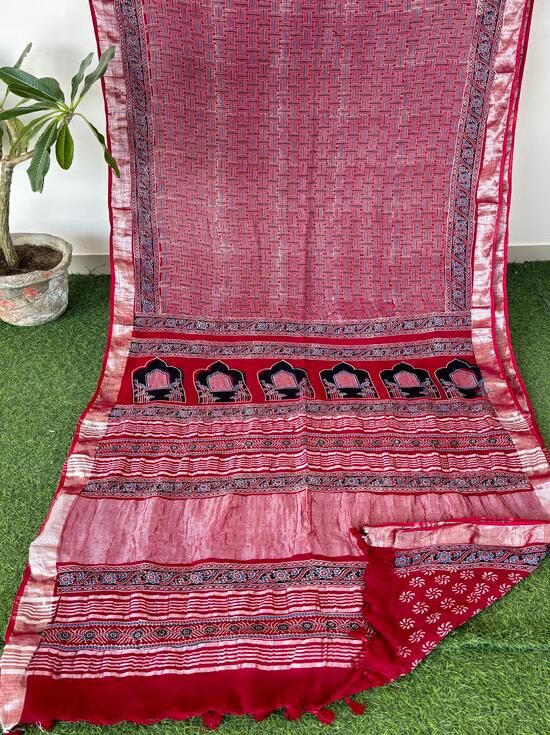 Mehroon Ajrakh Print Hand Block Linen Saree