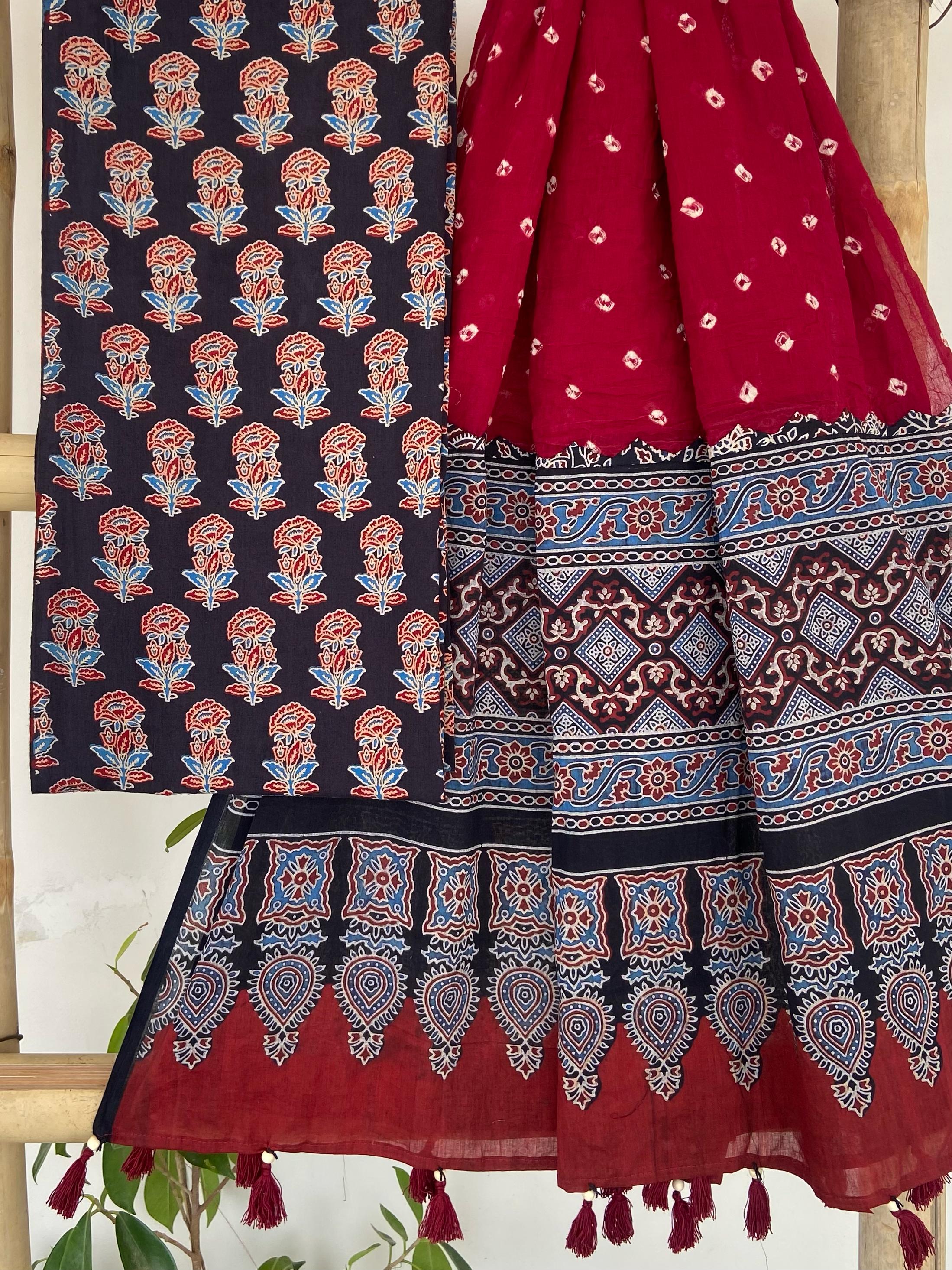 Ajrakh Print Suit with Red Bandhani Dupatta