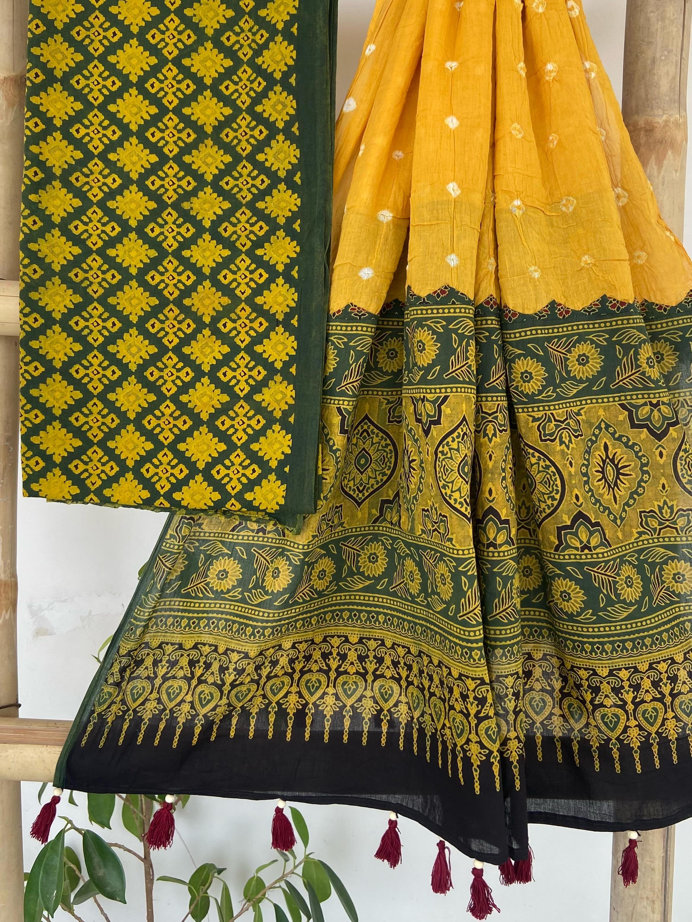 Ajrakh Print Suit with Yellow Bandhani Dupatta