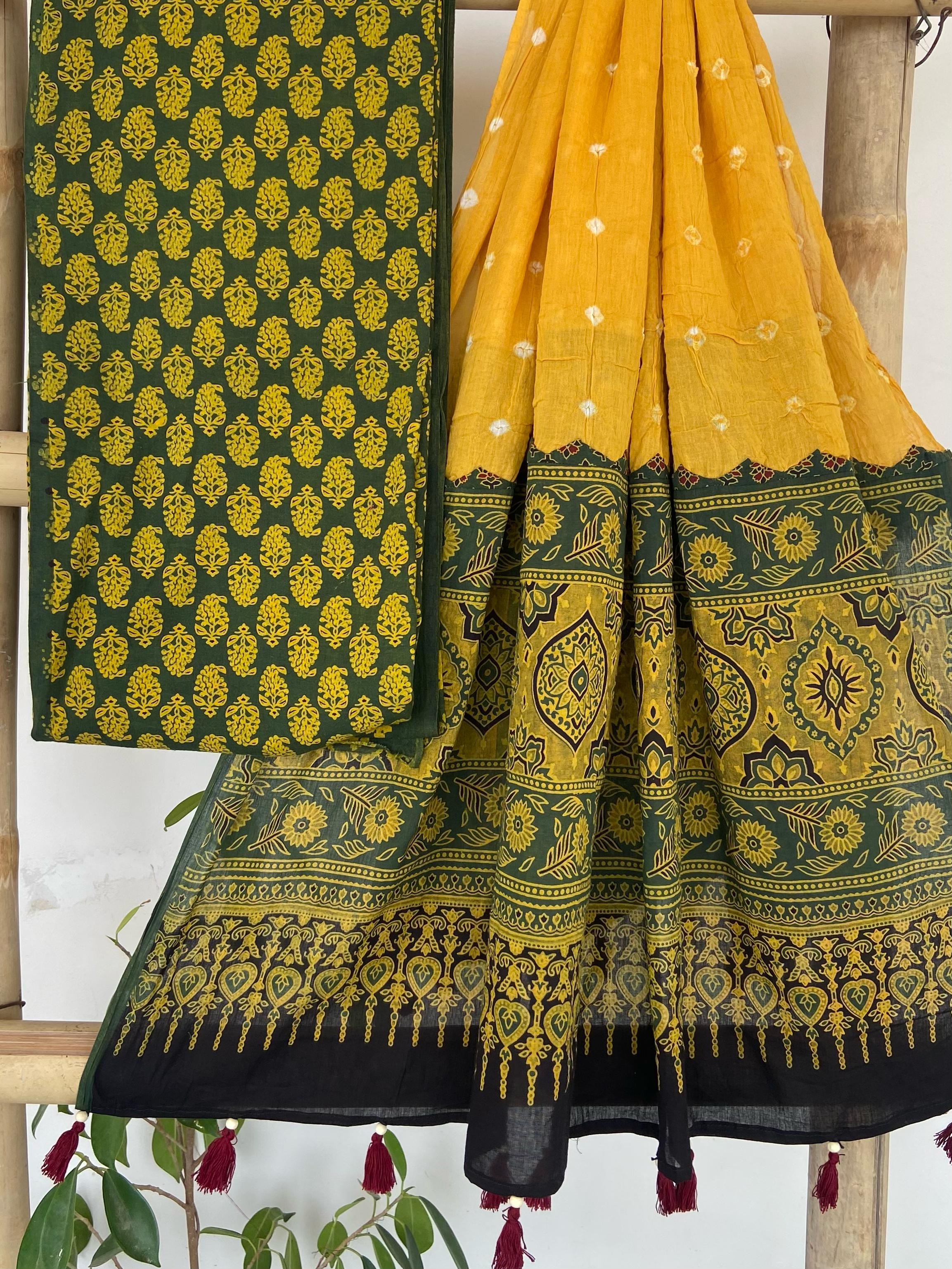 Ajrakh Print Suit with Yellow Bandhani Dupatta